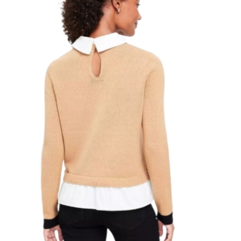NEW! ANN TAYLOR LOFT Camel Poplin Layered Mix Media Sweater. - Picture 3 of 5